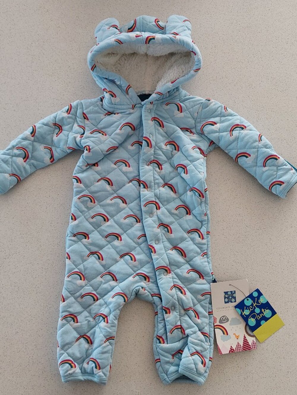 NWT Kickee Pants 0-3 month Bamboo Quilted Hooded Coverall Bunting Sherpa Rainbow